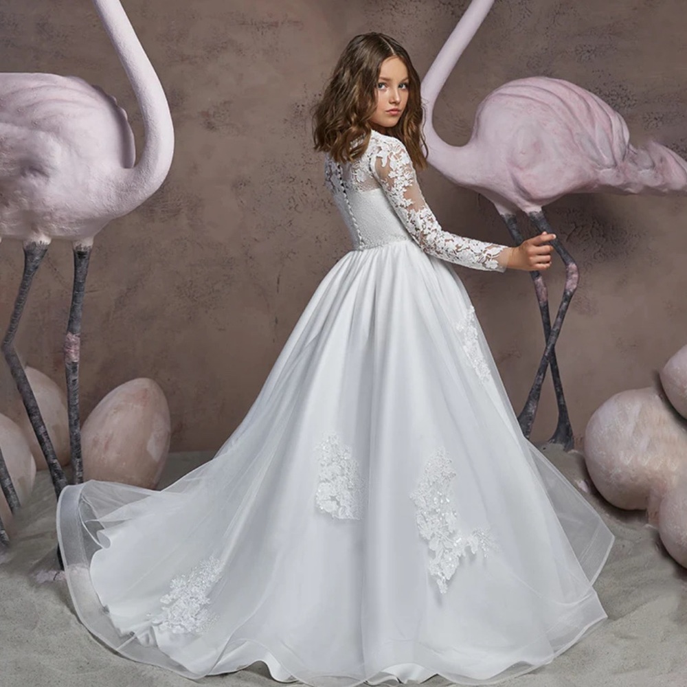 First Communion dress long sleeves white embroidery sheer princess formal dress